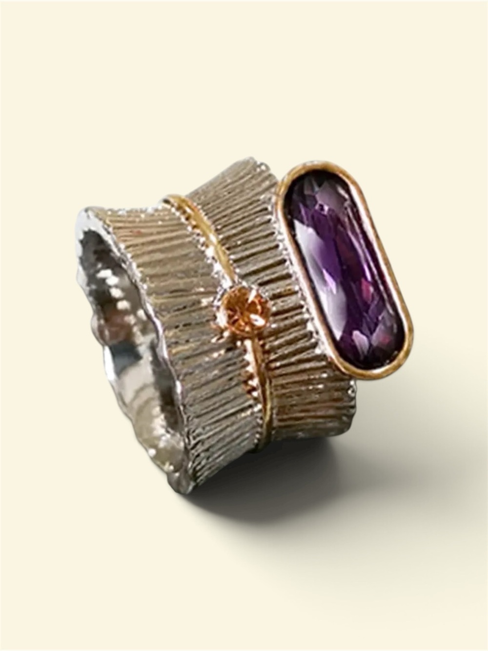 Farah Jewelry Silver Band with Purple Cabochon and Gold Accents